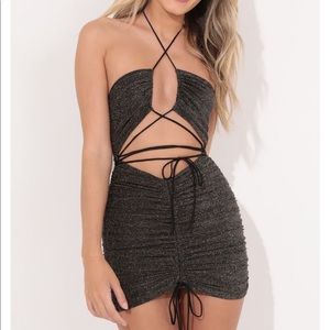 Lucy in the Sky Pamela Ruched Cutout Dress in Black Shimmer